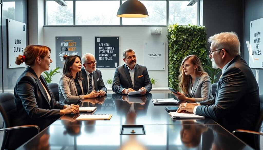 A professional coaching session in a modern office environment, featuring a diverse group of four individuals: a confident executive woman in a tailored suit, a thoughtful middle-aged man in business attire, a young woman in smart casual clothing, and a seasoned coach leading the discussion. The foreground shows the group engaged in a dynamic conversation around a sleek conference table with notebooks and digital devices. In the middle, a large window allows natural light to pour in, illuminating the space and creating a warm atmosphere. The background displays motivational posters and a greenery-adorned wall, enhancing the positive energy of the scene. The mood is inspiring and collaborative, capturing the essence of executive coaching benefits.