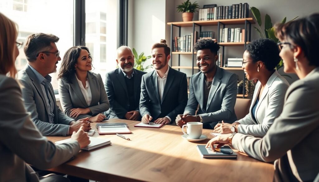 A professional coaching session in a modern office environment, focusing on leaders sharing their experiences. In the foreground, a diverse group of three executives, dressed in professional business attire, are engaged in a deep discussion, displaying a mix of emotions such as inspiration and determination. The middle layer features a large window letting in soft, natural light that creates a warm atmosphere, casting gentle shadows on a contemporary wooden table with notebooks and coffee cups. The background displays shelves filled with books on emotional intelligence and leadership, alongside indoor plants that add a touch of greenery. The mood is collaborative and empowering, emphasizing growth and understanding among the leaders. The image is captured with a wide-angle lens, slightly elevated to provide a comprehensive view of the setting.