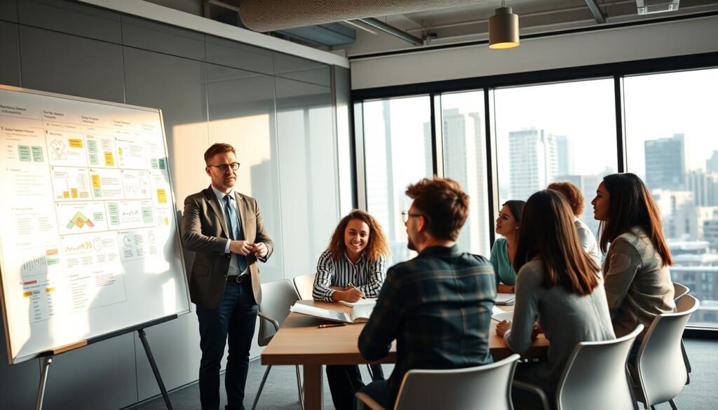 A professional coaching session in a modern office environment, showcasing a diverse group of team members engaged in a strategic brainstorming activity. In the foreground, a facilitator, dressed in smart business attire, stands by a whiteboard filled with colorful diagrams and strategies. The middle ground features team members of various backgrounds, sitting around a conference table, actively discussing and taking notes, expressing enthusiasm and collaboration. The background includes a large window with natural light streaming in, highlighting a cityscape view, enhancing the atmosphere of inspiration and transformation. The mood should be energetic and focused, reflecting a dynamic coaching session aimed at developing systemic strategies for team improvement. Soft, warm lighting enhances the professional yet inviting ambiance.