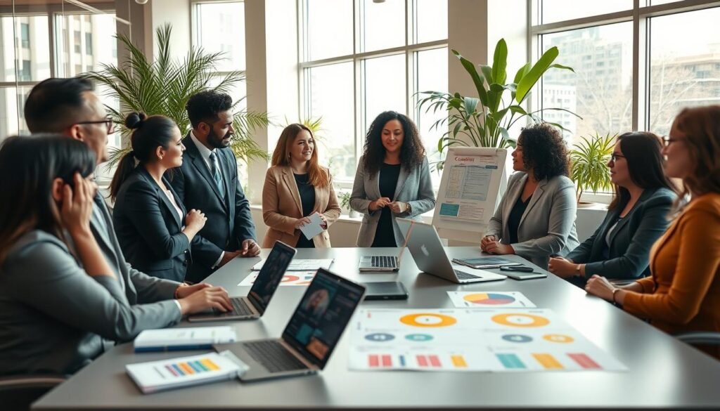A professional coaching session in a modern office environment. In the foreground, a diverse group of business professionals in smart casual attire, focused and engaged in discussion, with one person using a visual aid like a whiteboard or flip chart to illustrate tools and strategies. The middle ground features a sleek conference table with laptops, notebooks, and colorful charts depicting coaching strategies. The background shows large windows with natural light illuminating the room, plants adding a fresh touch. The mood is collaborative and dynamic, with a sense of empowerment and motivation. Capture the scene with a warm color palette, using a wide-angle lens to emphasize the group interaction while maintaining a pleasing composition.