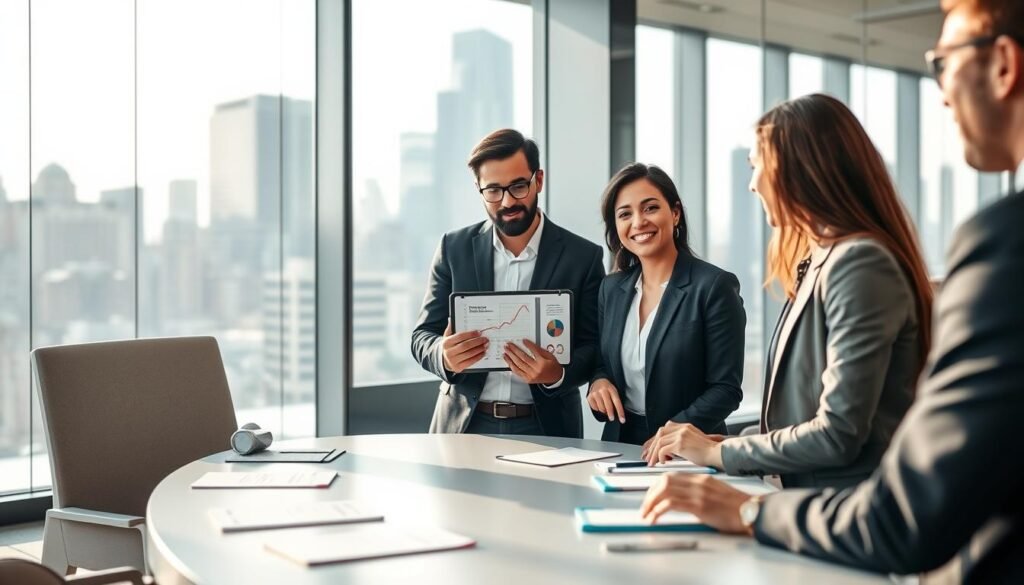 A professional coaching session in a modern office environment. In the foreground, a diverse group of three individuals engaged in a focused conversation, dressed in professional business attire. One person is presenting insightful strategies using a tablet, showcasing designed indicators or graphs. In the middle ground, a sleek conference table with notepads and pens, surrounded by glass walls that reflect a city skyline in the background, hinting at a thriving business atmosphere. Soft, natural light filters in from large windows, creating an inspiring and motivational mood. The image is shot from a slightly elevated angle to capture both the engagement of the group and the dynamic setting, emphasizing teamwork and professional growth. A professional coaching session in a modern office environment. In the foreground, a diverse group of three individuals engaged in a focused conversation, dressed in professional business attire. One person is presenting insightful strategies using a tablet, showcasing designed indicators or graphs. In the middle ground, a sleek conference table with notepads and pens, surrounded by glass walls that reflect a city skyline in the background, hinting at a thriving business atmosphere. Soft, natural light filters in from large windows, creating an inspiring and motivational mood. The image is shot from a slightly elevated angle to capture both the engagement of the group and the dynamic setting, emphasizing teamwork and professional growth.
