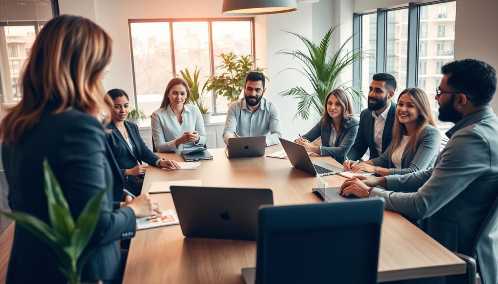 A professional coaching session in a modern office setting, featuring a diverse group of executives engaged in an interactive discussion around a conference table. In the foreground, a confident female coach leads the conversation, dressed in smart business attire, while participants, including men and women of various backgrounds, listen intently, taking notes. In the middle ground, sleek laptops and notepads are scattered across the table, emphasizing a focus on development and collaboration. The background showcases a bright, contemporary office with large windows letting in natural light, plants adding a touch of greenery. The atmosphere feels inspiring and focused, with warm, inviting colors and soft lighting to create a motivational mood. The angle is slightly elevated, capturing the engagement and dynamics of the group.