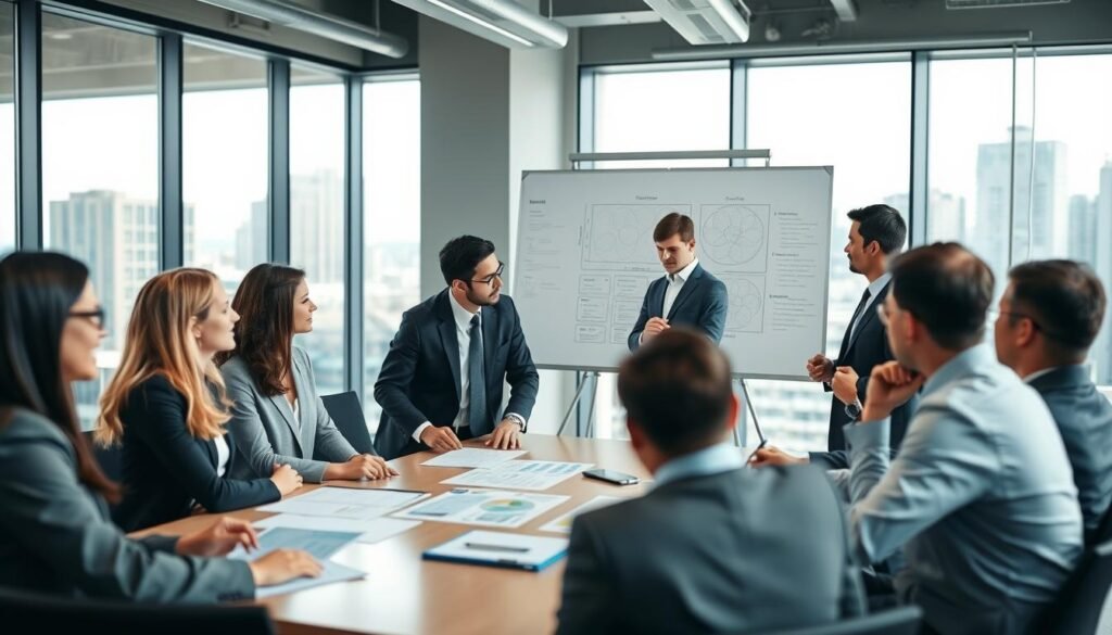 A professional coaching session in a modern office setting, focusing on executive coaching integration within human resources strategy. In the foreground, a diverse group of business professionals, dressed in business attire, engaged in a discussion around a large conference table, analyzing charts and documents. In the middle ground, a large whiteboard displays diagrams and strategic frameworks, enhancing the collaborative atmosphere. The background features large windows with city views, allowing in natural light that creates a bright, motivating environment. Soft focus on the city outside adds depth. The mood conveys teamwork, professionalism, and strategic thinking, emphasizing the role of coaching in enhancing HR strategies. The scene captures a moment of interaction, highlighting an engaging and dynamic coaching process. A professional coaching session in a modern office setting, focusing on executive coaching integration within human resources strategy. In the foreground, a diverse group of business professionals, dressed in business attire, engaged in a discussion around a large conference table, analyzing charts and documents. In the middle ground, a large whiteboard displays diagrams and strategic frameworks, enhancing the collaborative atmosphere. The background features large windows with city views, allowing in natural light that creates a bright, motivating environment. Soft focus on the city outside adds depth. The mood conveys teamwork, professionalism, and strategic thinking, emphasizing the role of coaching in enhancing HR strategies. The scene captures a moment of interaction, highlighting an engaging and dynamic coaching process.