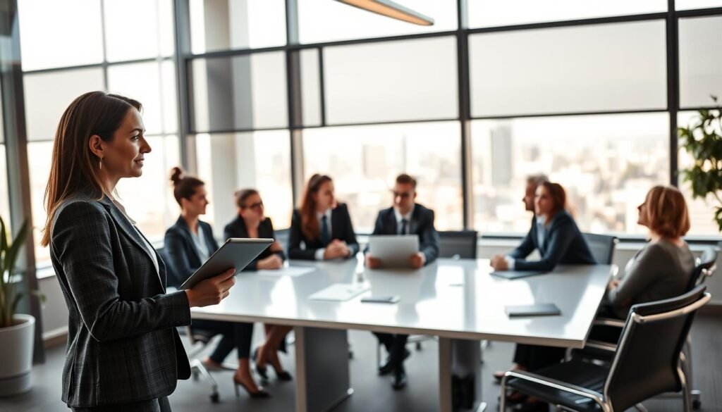 A professional coaching session in a modern office setting, showcasing a diverse group of executives engaged in teamwork and strategic discussions. In the foreground, a confident female coach, dressed in a smart suit, is guiding the team with a digital tablet in hand. The middle ground features several team members, both men and women, seated around a sleek conference table, actively sharing ideas. They are dressed in business attire, conveying professionalism. In the background, large windows allow natural light to flood the room, highlighting a city skyline. The atmosphere is focused and collaborative, with warm lighting that enhances a sense of motivation and teamwork, captured with a slight depth of field for a professional touch.