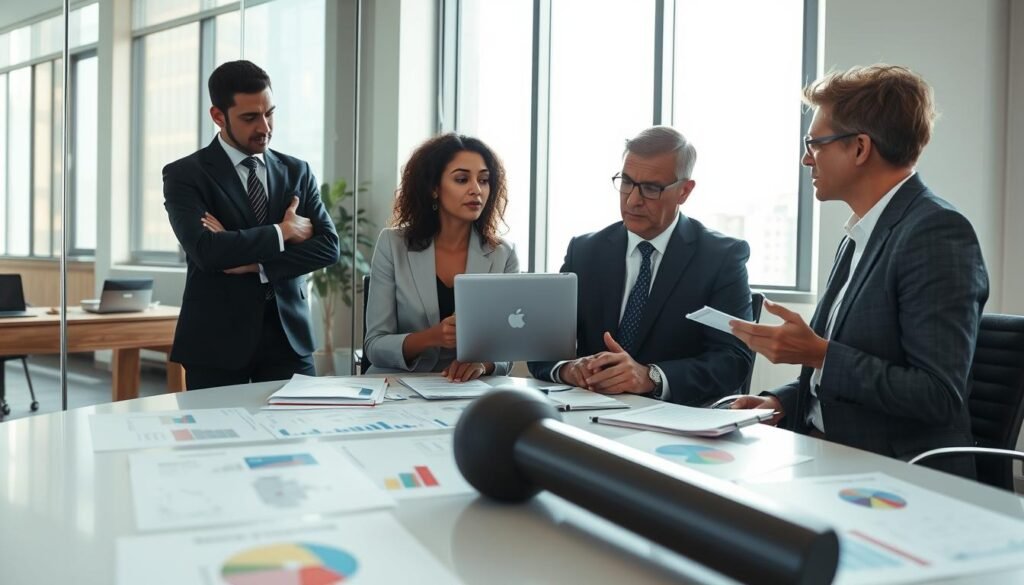 A professional coaching session in a modern office setting. In the foreground, a diverse group of three business professionals engaged in a collaborative discussion, all dressed in smart business attire. One person is presenting ideas on a digital tablet, while the others attentively take notes. The middle ground features a large, contemporary conference table with strategic coaching materials scattered around, such as charts and graphs depicting transformation processes. The background showcases a large window with natural light streaming in, illuminating the room and creating a warm, inviting atmosphere. The overall mood is focused and dynamic, emphasizing the impact of executive coaching on personal and team development. The angle captures the participants' expressions of inspiration and engagement, ensuring a motivational vibe.