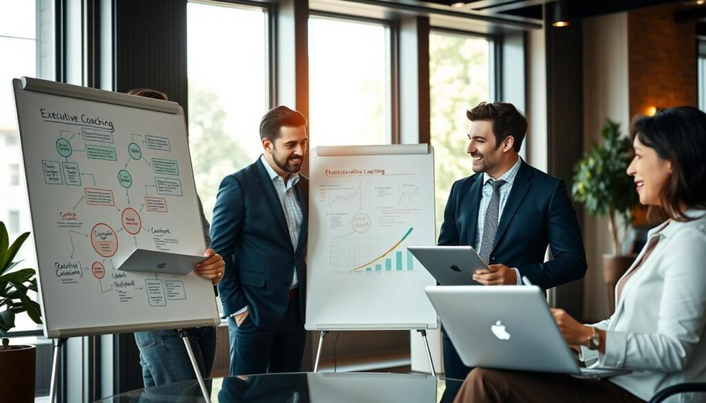 A professional coaching session in an elegant, modern office environment, featuring a diverse group of three business professionals engaged in discussion. In the foreground, a confident female coach, wearing business attire, stands beside a large whiteboard filled with colorful diagrams and strategies related to executive coaching. In the middle, two attentive participants, one male and one female, take notes with laptops open, reflecting focus and engagement. The background shows large windows with natural light streaming in, illuminating the space and creating a warm atmosphere. The scene conveys an air of collaboration, growth, and professionalism, emphasizing important coaching strategies and tools in a dynamic setting.