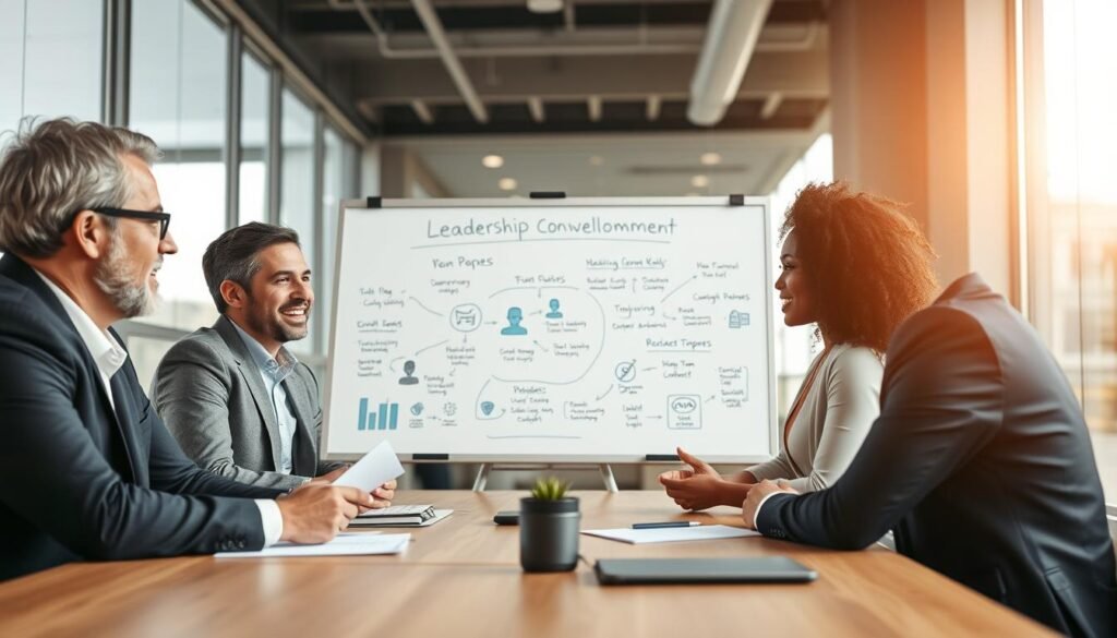 A professional coaching session in progress, featuring a diverse group of four individuals in business attire engaged in a discussion around a conference table. In the foreground, a middle-aged male coach is attentively listening, taking notes on a notepad, while a young female leader shares her ideas passionately. The middle ground showcases a digital whiteboard filled with brainstorming visuals and key points related to leadership development. In the background, a bright, modern office space with large windows allowing natural light to flood in, enhancing the warm, encouraging atmosphere. The composition should convey collaboration, growth, and positivity, capturing the essence of the coaching process with a soft focus effect to enhance the professional setting.