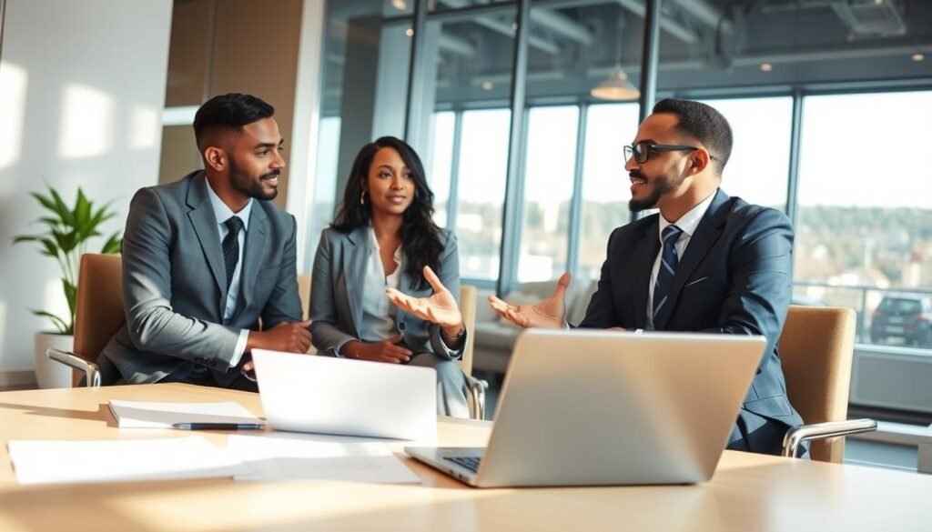A professional coaching session set in a modern office environment, featuring a diverse group of three individuals in professional business attire engaged in a discussion. The foreground showcases a table with papers and a laptop, symbolizing analysis. In the middle, one person is speaking, using hand gestures to emphasize points about the advantages and disadvantages of executive coaching, while the others listen attentively, with thoughtful expressions. The background features a large window letting in natural light, casting soft shadows and creating a positive, open atmosphere. The color palette is warm and inviting, highlighting the collaborative mood while maintaining a formal tone, capturing the essence of a productive coaching environment. A professional coaching session set in a modern office environment, featuring a diverse group of three individuals in professional business attire engaged in a discussion. The foreground showcases a table with papers and a laptop, symbolizing analysis. In the middle, one person is speaking, using hand gestures to emphasize points about the advantages and disadvantages of executive coaching, while the others listen attentively, with thoughtful expressions. The background features a large window letting in natural light, casting soft shadows and creating a positive, open atmosphere. The color palette is warm and inviting, highlighting the collaborative mood while maintaining a formal tone, capturing the essence of a productive coaching environment.