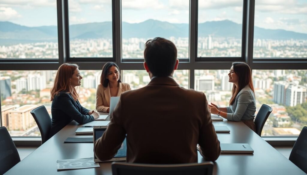 A professional coaching session taking place in a modern office environment in Colombia. In the foreground, a diverse group of three professionals in business attire, engaged in a constructive discussion around a conference table filled with notebooks and laptops. The middle ground features a large window allowing soft, natural light to illuminate the room, creating a warm and inviting atmosphere. The background shows a panoramic view of a vibrant Colombian cityscape, symbolizing growth and opportunity. The image captures the essence of executive coaching, emphasizing collaboration, personal growth, and the significance of professional development in a contemporary setting. The atmosphere is focused yet inspiring, reflecting the transformative nature of coaching. A professional coaching session taking place in a modern office environment in Colombia. In the foreground, a diverse group of three professionals in business attire, engaged in a constructive discussion around a conference table filled with notebooks and laptops. The middle ground features a large window allowing soft, natural light to illuminate the room, creating a warm and inviting atmosphere. The background shows a panoramic view of a vibrant Colombian cityscape, symbolizing growth and opportunity. The image captures the essence of executive coaching, emphasizing collaboration, personal growth, and the significance of professional development in a contemporary setting. The atmosphere is focused yet inspiring, reflecting the transformative nature of coaching.
