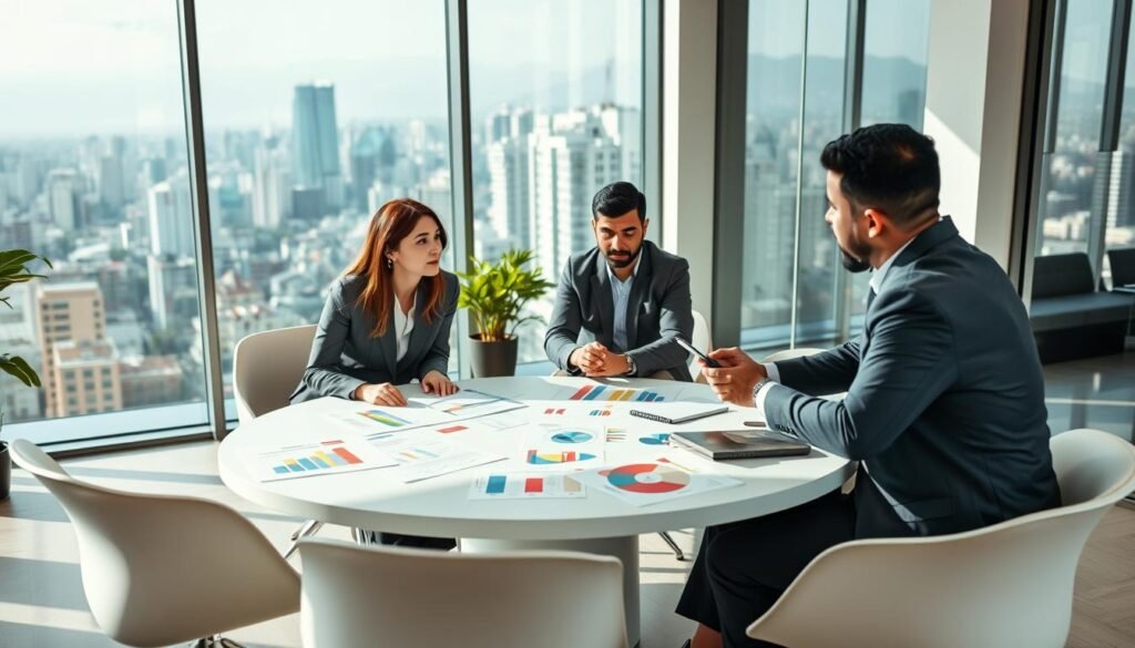 A professional coaching session taking place in a modern office setting in Colombia. In the foreground, a diverse group of three individuals are engaged in a discussion; a Colombian woman and man are in business attire, while another person, a Latino male, is taking notes on a laptop. In the middle, a large round table is scattered with colorful charts and business plans, creating an atmosphere of brainstorming and collaboration. The background features a large window showing a vibrant urban skyline of a Colombian city, with natural light streaming in to illuminate the scene. The mood is focused and optimistic, capturing the essence of personal and executive coaching for business growth.