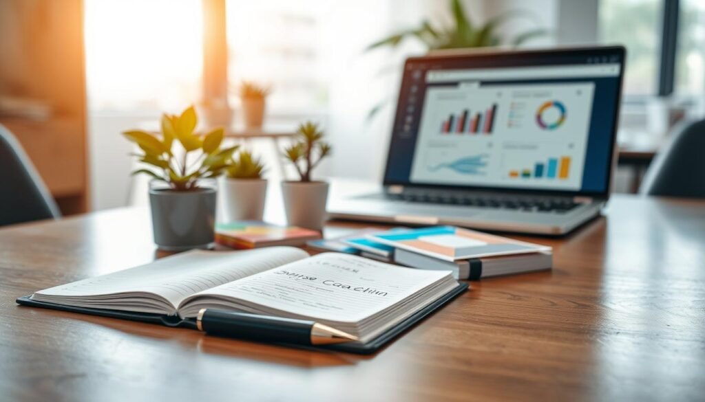 A professional coaching setting featuring an array of executive coaching tools, arranged on a polished wooden table. In the foreground, showcase an open notebook filled with handwritten notes, a sleek pen, and a laptop displaying a coaching dashboard. The middle ground features colorful coaching cards and a small potted plant to symbolize growth. In the background, a large window allows soft, natural light to flood in, casting a warm glow over the scene, enhancing a productive atmosphere. A subtle depth of field effect focuses on the tools, while the blurred background hints at a well-organized office space. The overall mood is motivational and focused, perfect for illustrating methodologies used in executive coaching. A professional coaching setting featuring an array of executive coaching tools, arranged on a polished wooden table. In the foreground, showcase an open notebook filled with handwritten notes, a sleek pen, and a laptop displaying a coaching dashboard. The middle ground features colorful coaching cards and a small potted plant to symbolize growth. In the background, a large window allows soft, natural light to flood in, casting a warm glow over the scene, enhancing a productive atmosphere. A subtle depth of field effect focuses on the tools, while the blurred background hints at a well-organized office space. The overall mood is motivational and focused, perfect for illustrating methodologies used in executive coaching.