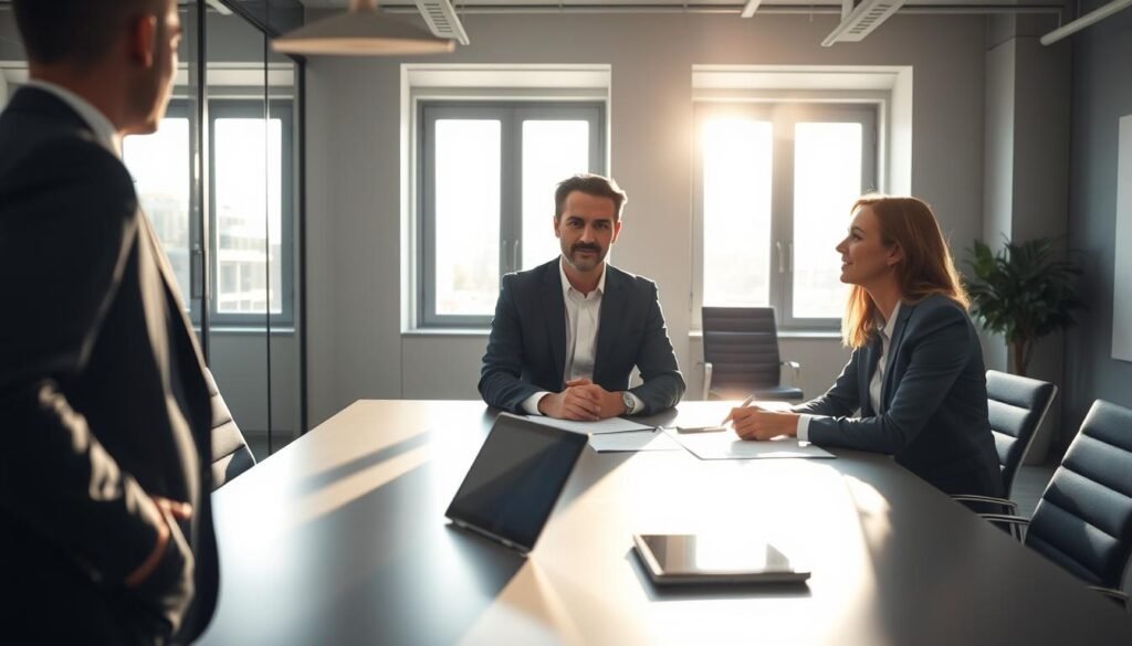 A professional consultant and a client engage in a productive conversation in a modern office setting, emphasizing strategic connection and support. In the foreground, the consultant, dressed in a tailored suit, conveys confidence and professionalism, while the client, in smart business attire, appears engaged and thoughtful. The middle ground showcases a sleek conference table adorned with digital devices and documents, symbolizing collaboration. The background features large windows with natural light streaming in, casting a warm, inviting glow throughout the space. The atmosphere is one of mutual respect and strategic partnership, accentuated by soft shadows and a clean, contemporary design. The composition is shot from a slight angle, providing depth and perspective, highlighting the connection and dialogue between the two professionals.