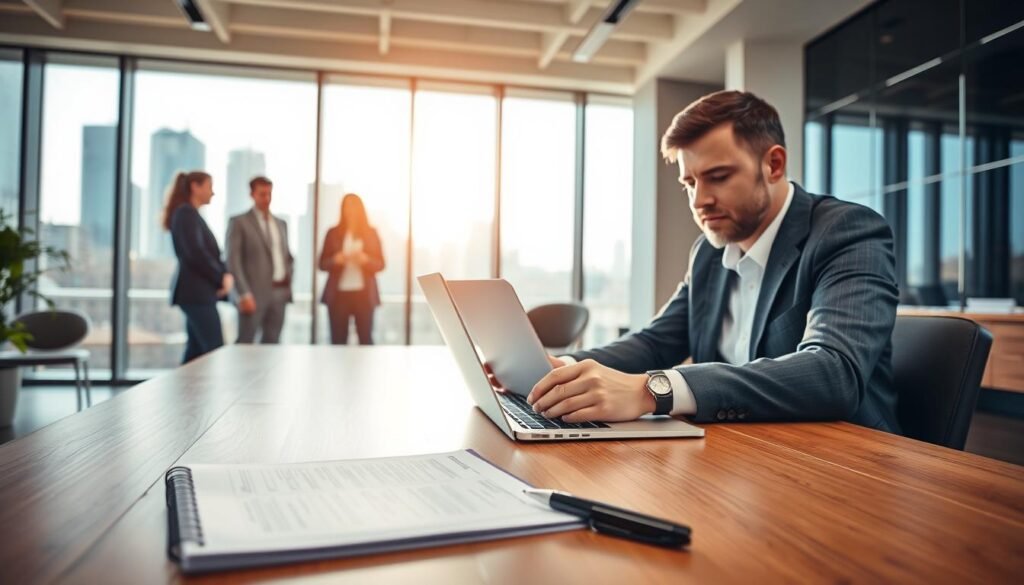 A professional consultant sitting at a modern wooden desk in a stylish office, reviewing a strategic action plan with a laptop open. In the foreground, there’s a neatly arranged notepad with handwritten notes and a pen, symbolizing personal touch and attention to detail. In the middle ground, a diverse group of executives dressed in professional business attire engage in a strategic discussion, emphasizing collaboration and personalized guidance. The background features large windows with natural sunlight flooding the room, showcasing a view of the city skyline, creating an inspiring and uplifting atmosphere. The overall mood is focused and strategic, emphasizing teamwork and the importance of tailored guidance in executive talent acquisition. The image should have a warm, inviting color palette with soft shadows to create a professional yet approachable ambiance.