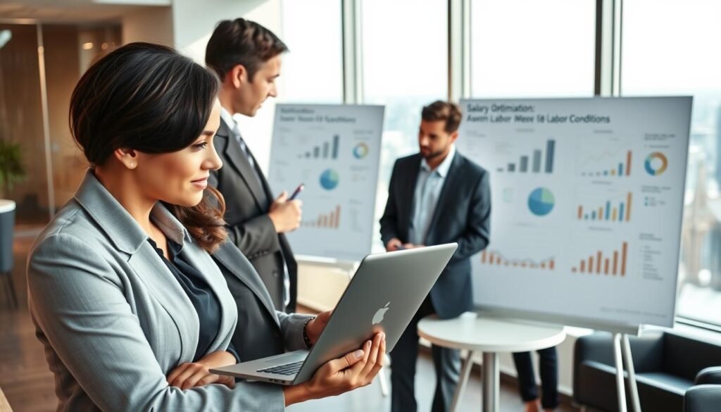 A professional corporate meeting scene set in a modern office environment, showcasing a diverse group of business professionals engaged in discussions about salary optimization and labor conditions. In the foreground, a confident woman in formal business attire presents data on a sleek laptop, while two colleagues, a man and a woman, take notes and share ideas. The middle ground features a large whiteboard filled with charts and graphs representing salary structures and workplace conditions, bathed in soft, natural light filtering through large windows. The background includes contemporary office furniture and a serene cityscape visible through the glass, creating a collaborative and optimistic atmosphere that emphasizes professionalism, teamwork, and innovative solutions for workforce improvement.