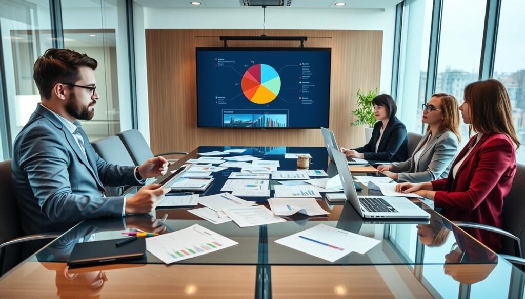 A professional decision-making scene set in a modern conference room. In the foreground, a diverse group of three professionals—two men and one woman—analyzing graphs and charts displayed on tablets and papers, dressed in smart business attire. In the middle ground, a large glass table cluttered with documents, laptops, and a digital projector displaying a pie chart with clear distinctions of data points. In the background, large windows allowing natural light to flood the room, casting soft shadows. The atmosphere is focused and collaborative, with a sense of importance and urgency. The color scheme is warm with soft blues and grays to evoke a sense of professionalism and trust. The angle captures both the participants and the technological tools used in the decision-making process.