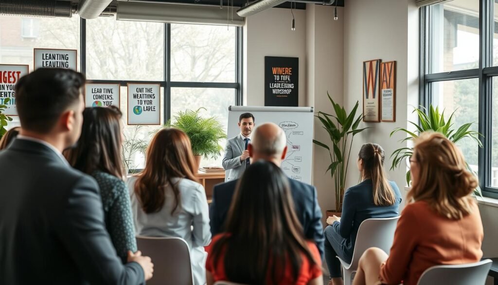 A professional development workshop taking place in a modern office setting. In the foreground, a diverse group of individuals in professional business attire is engaged in a leadership training session, actively discussing ideas and sharing insights. In the middle ground, a charismatic facilitator stands at a whiteboard, illustrating key concepts related to personal growth and leadership. The background features large windows with natural light streaming in, creating a bright and uplifting atmosphere. The room is decorated with motivational posters and plants, enhancing the sense of encouragement and empowerment. The overall mood is collaborative and inspiring, emphasizing a commitment to leadership strengthening and personal development.