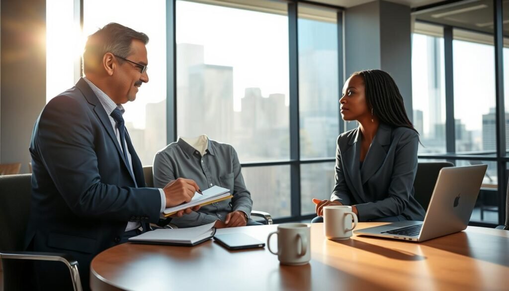 A professional executive coach engaging in a thoughtful conversation with a business client in a modern office setting. The coach, a middle-aged South Asian man in a smart navy suit, is leaning forward with a focused expression, holding a notebook and pen, as he listens intently to a young Black woman in a tailored gray blouse, who sits across from him, appearing engaged and reflective. In the background, large windows reveal a sleek city skyline, bathed in warm afternoon sunlight, creating an uplifting ambiance. A round wooden table is in the foreground, adorned with a few organizational tools like a laptop and a coffee mug. The overall mood conveys collaboration, professionalism, and focused personal development.