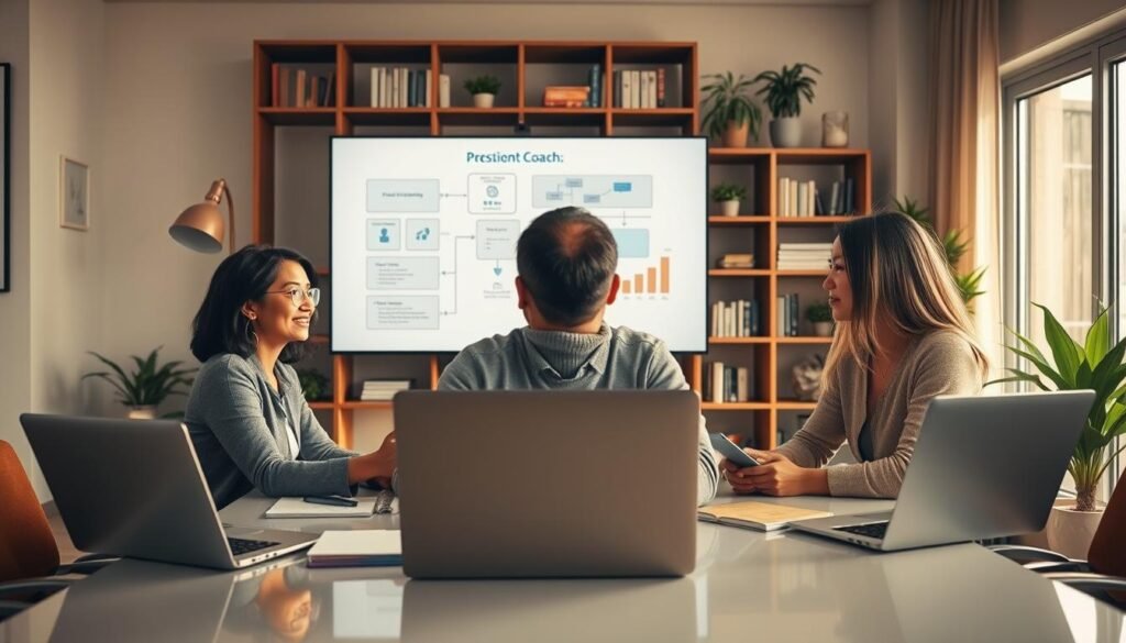 A professional executive coach guiding a remote team in a modern, brightly lit home office environment. In the foreground, a diverse group of three individuals—one woman of Asian descent, one man of African descent, and one woman of Hispanic descent—are engaged in discussing strategies, seated around a sleek table with laptops and notebooks. In the middle ground, a large screen displays brainstorming ideas and flowcharts, symbolizing collaboration and decision-making processes. The background features a stylish bookshelf with motivational books and indoor plants, creating a comfortable yet professional atmosphere. The lighting is warm and inviting, with sunlight streaming through a window, enhancing a mood of positivity and focus.