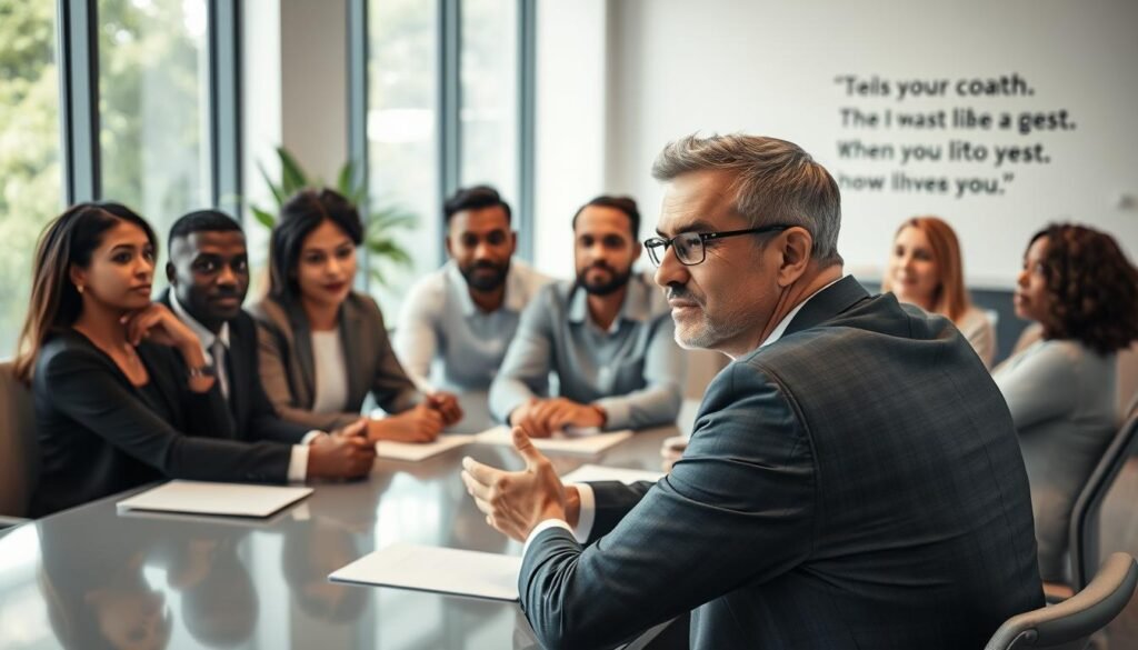 A professional executive coach seated at a modern conference table, engaged in a deep discussion with a diverse group of business professionals. The foreground showcases the coach, a middle-aged individual in business attire, demonstrating active listening and providing thoughtful feedback. In the middle, the clients, a mix of men and women of various ethnicities, are actively participating, showcasing expressions of contemplation and collaboration. The background features a well-lit, contemporary office space with large windows allowing natural light, greenery visible outside, and motivational quotes on the walls. The atmosphere is focused yet warm, reflecting trust and openness, captured with a soft focus lens effect to emphasize the connection among the participants.