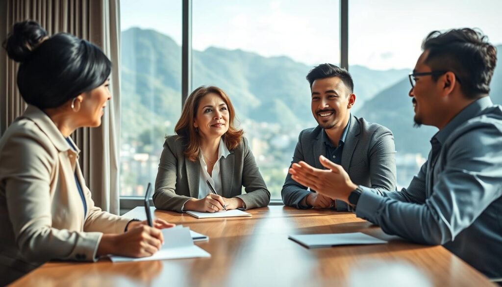 A professional executive coaching session in Colombia, featuring a diverse group of three business people engaged in a dynamic discussion around a conference table. In the foreground, a middle-aged Colombian woman in business attire takes notes, while a young Colombian man gestures thoughtfully. The middle background showcases a large window revealing a vibrant Colombian cityscape with lush mountains. Soft, natural lighting pours in, creating an inviting atmosphere. The scene conveys collaboration and motivation, emphasizing a strong professional bond among team members. Use a lens that creates a slightly blurred background to focus on the group, enhancing the sense of an intimate coaching environment. The overall mood is optimistic and empowering.