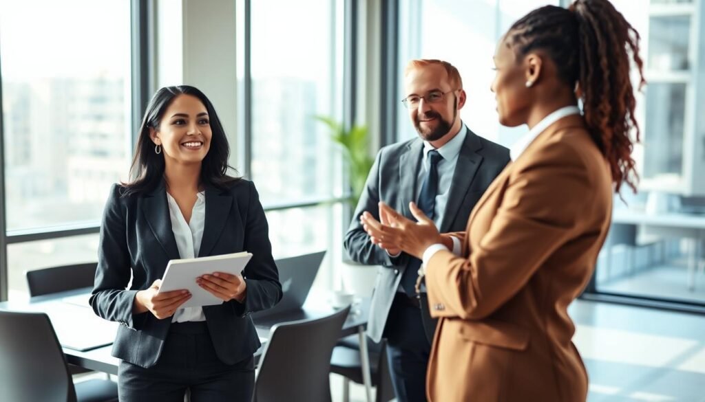 A professional executive coaching session in a modern office environment, featuring a diverse group of three individuals engaged in a dynamic discussion. In the foreground, a confident female executive in a smart business suit stands with a notepad, showcasing active listening and engagement. The middle ground shows a male executive, also dressed in formal business attire, leaning forward as he passionately shares insights. The background depicts a sleek conference table with laptops and coffee cups, alongside large windows that let natural light illuminate the room, creating an inviting atmosphere. Soft shadows play across the scene, enhancing the professional yet approachable mood, as the focus is on collaboration, leadership, and personal growth. The image captures a moment of inspiration and collective energy, emphasizing the transformative impact of executive coaching on leadership. A professional executive coaching session in a modern office environment, featuring a diverse group of three individuals engaged in a dynamic discussion. In the foreground, a confident female executive in a smart business suit stands with a notepad, showcasing active listening and engagement. The middle ground shows a male executive, also dressed in formal business attire, leaning forward as he passionately shares insights. The background depicts a sleek conference table with laptops and coffee cups, alongside large windows that let natural light illuminate the room, creating an inviting atmosphere. Soft shadows play across the scene, enhancing the professional yet approachable mood, as the focus is on collaboration, leadership, and personal growth. The image captures a moment of inspiration and collective energy, emphasizing the transformative impact of executive coaching on leadership.