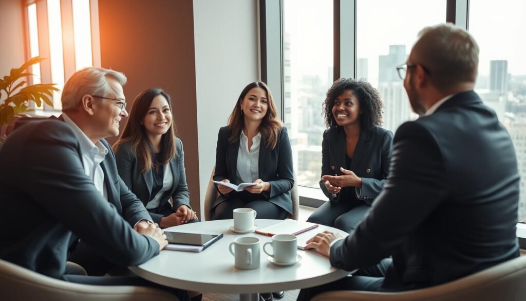 A professional executive coaching session in a modern, stylish office. In the foreground, a diverse group of three professionals engaged in a deep discussion, dressed in smart business attire, showing expressions of focus and positivity. In the middle, a round table with notebooks and coffee cups, emphasizing collaboration and productivity. In the background, a large window with soft natural light streaming in, revealing a cityscape that conveys progress and success. The atmosphere is inspiring and motivating, suggesting personal and professional growth, with warm colors and soft shadows to enhance the inviting mood. A camera angle that captures the dynamics of interaction while keeping the scene balanced and harmonious. A professional executive coaching session in a modern, stylish office. In the foreground, a diverse group of three professionals engaged in a deep discussion, dressed in smart business attire, showing expressions of focus and positivity. In the middle, a round table with notebooks and coffee cups, emphasizing collaboration and productivity. In the background, a large window with soft natural light streaming in, revealing a cityscape that conveys progress and success. The atmosphere is inspiring and motivating, suggesting personal and professional growth, with warm colors and soft shadows to enhance the inviting mood. A camera angle that captures the dynamics of interaction while keeping the scene balanced and harmonious.
