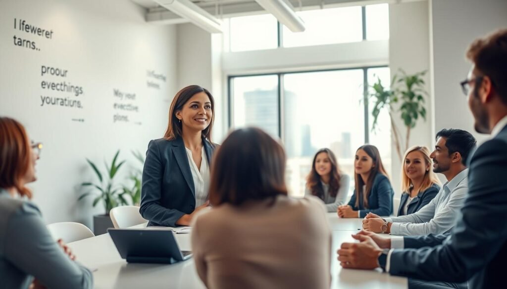 A professional executive coaching session in a modern, well-lit office environment. In the foreground, a confident female coach, Erika Pedraza, in smart business attire, engages with a diverse group of attentive professionals sitting around a sleek conference table. They express interest and inspiration, showcasing a dynamic interaction. In the middle ground, a large window reveals a bright cityscape, symbolizing growth and opportunity. The background features motivational quotes subtly displayed on the walls, alongside plants that add a touch of warmth. The overall atmosphere is uplifting and focused, illuminated by soft natural light pouring in, creating a vibrant yet professional mood. Capture this scene with a focal lens to emphasize the connection between the coach and her audience. A professional executive coaching session in a modern, well-lit office environment. In the foreground, a confident female coach, Erika Pedraza, in smart business attire, engages with a diverse group of attentive professionals sitting around a sleek conference table. They express interest and inspiration, showcasing a dynamic interaction. In the middle ground, a large window reveals a bright cityscape, symbolizing growth and opportunity. The background features motivational quotes subtly displayed on the walls, alongside plants that add a touch of warmth. The overall atmosphere is uplifting and focused, illuminated by soft natural light pouring in, creating a vibrant yet professional mood. Capture this scene with a focal lens to emphasize the connection between the coach and her audience.