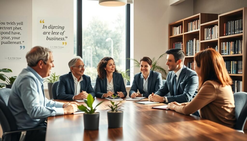 A professional executive coaching session in an elegant office setting. In the foreground, a diverse group of three professionals—two men and one woman—dressed in smart business attire, engaged in a focused discussion around a wooden conference table. Their expressions convey openness and collaboration. In the middle ground, a large window allows natural light to flood in, creating a warm and inviting atmosphere. Soft sunlight highlights motivational quotes on the walls and potted plants, enhancing the sense of growth and leadership. In the background, a bookshelf filled with business literature adds depth and context to the scene. The overall mood is inspiring and empowering, emphasizing the transformative power of executive coaching.