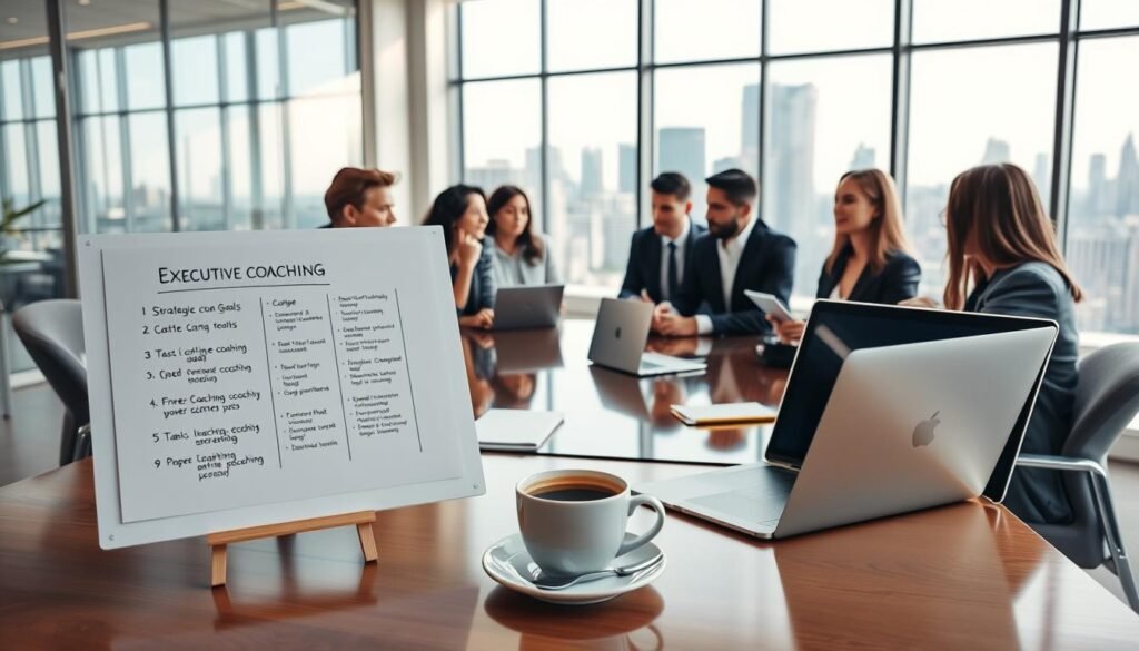 A professional executive coaching session in an elegantly designed office space. In the foreground, there are a variety of coaching tools such as a flip chart filled with strategic goals, a sleek laptop open with coaching software displayed, and a cup of coffee on a polished wooden desk. The middle ground features a diverse group of business professionals in formal attire, engaged in discussion and collaboration, exhibiting thoughtful expressions. They are seated around a modern conference table with digital devices. The background showcases large windows with natural light pouring in, offering a city skyline view that suggests ambition and growth. The mood is proactive and inspiring, emphasizing teamwork and innovation in executive coaching methodologies. Use bright, welcoming lighting to enhance the professional atmosphere. A professional executive coaching session in an elegantly designed office space. In the foreground, there are a variety of coaching tools such as a flip chart filled with strategic goals, a sleek laptop open with coaching software displayed, and a cup of coffee on a polished wooden desk. The middle ground features a diverse group of business professionals in formal attire, engaged in discussion and collaboration, exhibiting thoughtful expressions. They are seated around a modern conference table with digital devices. The background showcases large windows with natural light pouring in, offering a city skyline view that suggests ambition and growth. The mood is proactive and inspiring, emphasizing teamwork and innovation in executive coaching methodologies. Use bright, welcoming lighting to enhance the professional atmosphere.