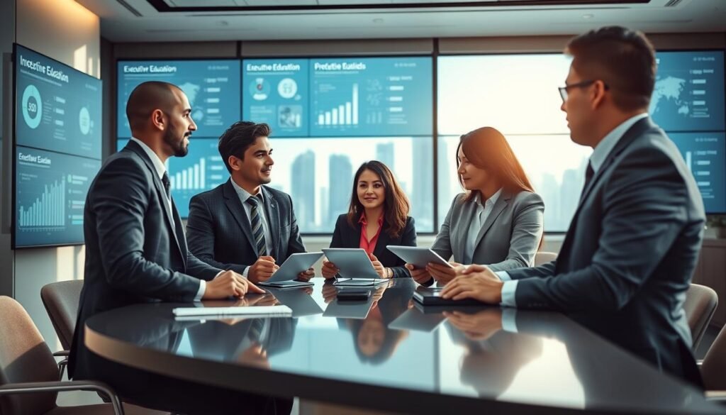 A professional executive education setting showcasing diverse Colombian business leaders engaged in a collaborative learning environment. In the foreground, a group of three individuals dressed in tailored business attire, two men and one woman, discussing around a modern, sleek conference table with digital tablets and notebooks. In the middle, a contemporary classroom filled with large screens displaying data trends and infographics related to executive education. The background features an elegant, sunlit window with a view of a city skyline, symbolizing growth and opportunity. Soft, natural lighting illuminates the scene, creating a warm yet professional atmosphere, with a slight depth of field to focus on the discussions and the modern educational elements.
