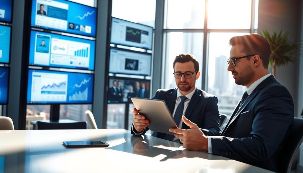 A professional executive in business attire, engaged in using a modern tablet, sitting at a sleek desk in a well-lit, contemporary office. The environment showcases multiple screens displaying social media platforms and data analytics, emphasizing the integration of technology in executive search processes. In the background, large windows reveal a vibrant cityscape, suggesting a bustling urban setting. The lighting is bright and natural, with sunlight filtering in, creating a warm and inviting atmosphere. The scene conveys collaboration and innovation, illustrating how social media and technology are pivotal in the search for top executives. The overall mood is one of professionalism, focus, and modernity, capturing the essence of efficiency in executive recruitment.