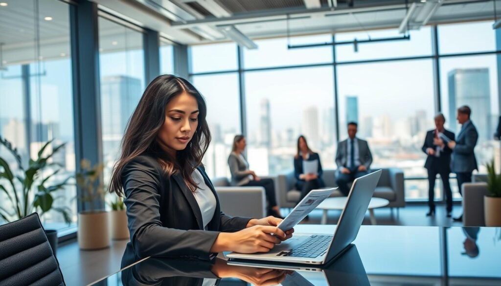 A professional executive recruiter conducting a talent search in a modern office setting. In the foreground, a focused recruiter, a South American woman in professional business attire, is reviewing resumes on a sleek laptop at a glass desk, showcasing a blend of concentration and expertise. The middle ground features a diverse group of confident candidates waiting in a well-lit lounge area, engaged in conversation and collaboration. The background displays large windows with a view of a vibrant city skyline, allowing natural light to illuminate the space. The atmosphere feels dynamic yet professional, symbolizing growth and opportunity in the recruitment process. The overall scene conveys a commitment to excellence and the search for top executive talent.