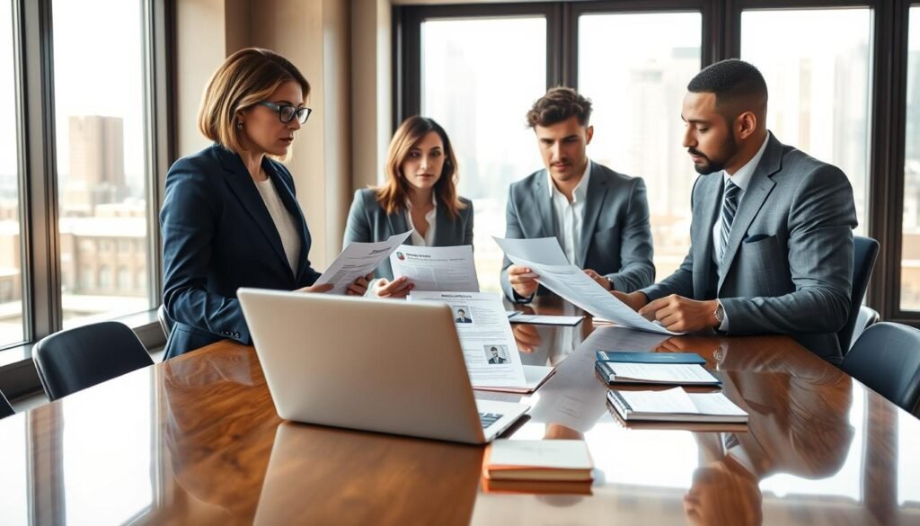 A professional executive recruitment meeting in a modern office setting, with a diverse group of four individuals engaging in discussion around a polished conference table. In the foreground, a middle-aged woman in a tailored navy blazer and a young man in a smart gray suit are examining resumes. The middle ground features a sleek laptop open with digital talent profiles on the screen, alongside a notepad filled with notes. The background shows large windows with city views, letting in warm, natural daylight that casts soft shadows, creating an inviting atmosphere. The image conveys a serious yet collaborative mood, emphasizing professionalism in executive talent selection without any text or logos, suitable for a high-end business article.