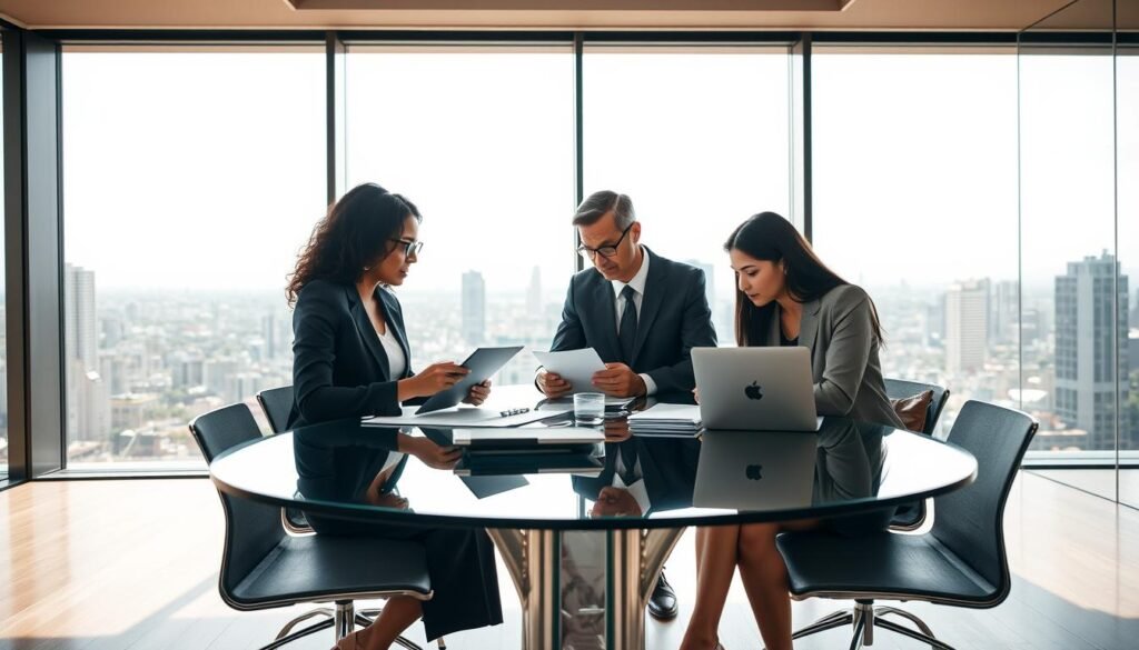 A professional executive recruitment process depicted in a modern office environment. In the foreground, a diverse group of three business professionals in formal attire (a black woman, a Caucasian man, and an Asian woman) is engaged in a dynamic discussion, reviewing resumes and conducting interviews. In the middle, a modern glass conference table is filled with documents and laptops, reflecting a collaborative atmosphere. The background features a large window showcasing a panoramic view of Bogotá's skyline, bathed in natural daylight. The lighting is bright and warm, creating an inviting and professional ambiance. The perspective is slightly angled from above, emphasizing the seriousness and strategic nature of the executive selection process while maintaining a focus on teamwork and professionalism.