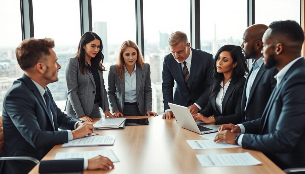 A professional executive selection process depicted in an office environment. In the foreground, a diverse group of four business professionals engaged in a discussion, dressed in tailored suits and smart attire, with focused expressions. The middle ground shows a large conference table with documents, laptops, and evaluation forms laid out. Behind them, a large window reveals a cityscape, suggesting a modern corporate setting. Soft, natural lighting filters in, creating an inviting atmosphere. The scene reflects an air of collaboration and strategy, capturing the essence of executive search in the agroindustry. The angle is slightly elevated, providing a comprehensive view of the engaged team dynamic.
