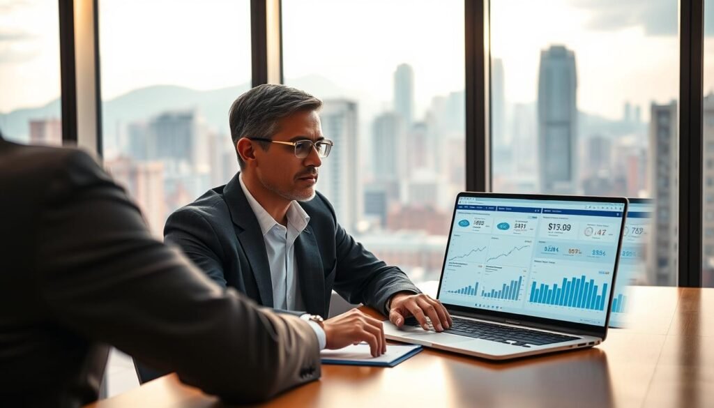 A professional financial analyst working in a modern office in Bogotá, reviewing highlighted job offers on a digital screen. The foreground features the analyst, a middle-aged individual in business attire, focused and immersed in data analysis. In the middle, a sleek laptop and financial charts are visible, showcasing graphs and statistics representing various job offers. The background displays panoramic windows with a view of Bogotá's skyline, accentuated by soft, natural lighting that casts a warm glow in the room. The atmosphere is one of professionalism and concentration, capturing the essence of financial recruitment analysis in a bustling cityscape. The image should be clean and free from text or branding elements.