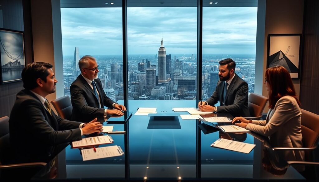 A professional financial collaboration scene set in an elegant office space. In the foreground, a diverse group of four business professionals, dressed in tailored suits, engage in a strategic discussion around a modern conference table filled with financial documents and digital devices. In the middle, a large glass window reveals a panoramic view of a bustling city skyline, hinting at growth and opportunity in the financial sector. The background features artwork symbolizing partnerships and growth, with soft ambient lighting highlighting the seriousness of the moment. The atmosphere conveys a sense of collaboration, innovation, and strategic thinking, emphasizing the importance of alliances in the finance industry. The image captures a dynamic exchange of ideas among credible professionals.