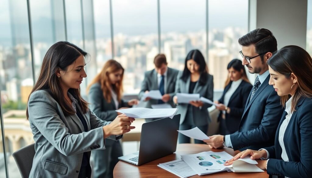 A professional financial headhunting team in action, showcasing a diverse group of consultants in a modern office setting. In the foreground, two well-dressed individuals, one male and one female, engage in a thoughtful conversation over a laptop and documents, exhibiting focused expressions. In the middle ground, a round table surrounds other team members examining resumes and discussing strategies, all in business attire. The background features a sleek glass window with a cityscape view of Bogotá, Colombia, under soft natural light filtering in, enhancing the work atmosphere. The overall mood is collaborative and professional, evoking expertise in financial recruitment for vice-presidential roles. The composition is shot from a slight high angle, emphasizing teamwork and engagement without any text or distractions.