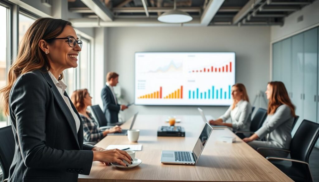 A professional group of diverse businesspeople in a modern office environment, engaged in a dynamic meeting. In the foreground, a confident woman in business attire passionately shares a success story, with her colleagues attentively listening and taking notes. The middle ground features a sleek conference table with laptops and coffee cups, while a large screen displays key metrics and success graphs in the background. Soft, natural light illuminates the room through floor-to-ceiling windows, creating a welcoming atmosphere. The camera angle captures the energy of collaboration and inspiration, showcasing teamwork and real success stories, emphasizing a positive and professional mood.