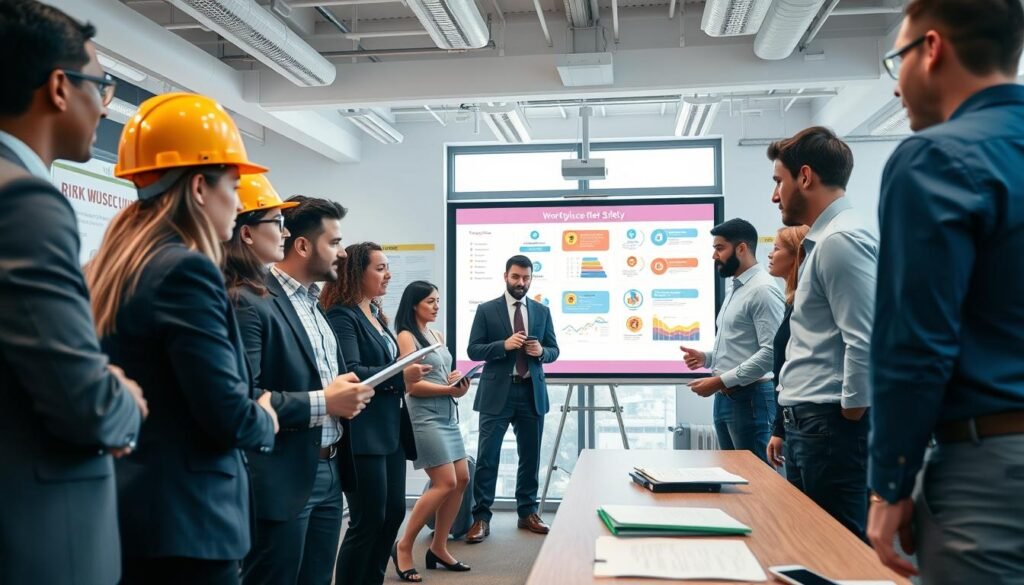 A professional group of diverse office workers engaged in a dynamic training session focused on workplace safety and risk prevention. In the foreground, several individuals, dressed in smart business attire, are attentively studying safety equipment and discussing strategies. In the middle ground, a large presentation screen displays colorful infographics related to risk management and safety protocols. The background features a modern office environment with safety posters on the walls and large windows allowing natural light to illuminate the scene. The atmosphere is collaborative and inspiring, highlighting a proactive approach to safety in the workplace. The image should be captured with a wide-angle lens to encompass the entire scene, with soft, diffused lighting creating a warm and professional ambiance.