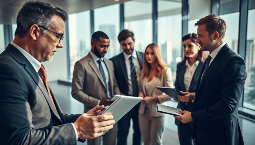 A professional headhunter in a modern office, engaged in a discussion with a diverse group of high-level executives. The foreground features a well-dressed headhunter, a middle-aged man in a tailored suit, analyzing a candidate’s profile on a laptop, while a young woman in business attire takes notes with a notepad. In the middle ground, three executives, two men and one woman, each dressed in formal business attire, are thoughtfully considering the discussion. The background shows a sleek and contemporary office environment with large windows and city views, emphasizing a professional atmosphere. The lighting is soft yet bright, creating a warm and inviting mood, captured from a slight low angle to convey authority and focus on the professionals.