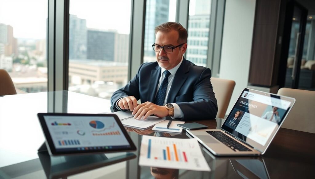 A professional headhunter is seated at a sleek conference table, reviewing candidate profiles on a digital tablet. The foreground features a detailed view of the tablet with engaging graphs and profiles. In the middle, the headhunter, a middle-aged man in a tailored navy suit, appears confident and focused, reflecting expertise in the retail sector. He is surrounded by various recruitment materials, such as business cards and a laptop open to a recruitment website. The background shows a sophisticated office environment with large windows overlooking a bustling Barranquilla cityscape, letting in soft, natural light to create a warm yet professional atmosphere. The overall mood is one of professionalism and ambition, capturing the essence of selecting the ideal headhunter in the retail sector.