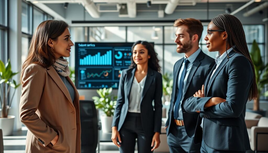 A professional headhunting and recruitment process in action, showcasing a diverse group of business professionals in a modern office setting. In the foreground, a well-dressed recruiter, a middle-aged woman of Middle-Eastern descent, is engaged in a focused conversation with a young candidate in smart casual attire. Their expressions convey collaboration and ambition. In the middle, a large screen displays strategic data analytics and graphs illustrating talent acquisition metrics. The background features an open-plan office with sleek furniture, plants, and natural light streaming through large windows, creating a bright and inspiring atmosphere. The lighting is soft yet bright, highlighting the professionalism and energy of the environment, captured from a slightly elevated angle to encompass the entire setting. A professional headhunting and recruitment process in action, showcasing a diverse group of business professionals in a modern office setting. In the foreground, a well-dressed recruiter, a middle-aged woman of Middle-Eastern descent, is engaged in a focused conversation with a young candidate in smart casual attire. Their expressions convey collaboration and ambition. In the middle, a large screen displays strategic data analytics and graphs illustrating talent acquisition metrics. The background features an open-plan office with sleek furniture, plants, and natural light streaming through large windows, creating a bright and inspiring atmosphere. The lighting is soft yet bright, highlighting the professionalism and energy of the environment, captured from a slightly elevated angle to encompass the entire setting.