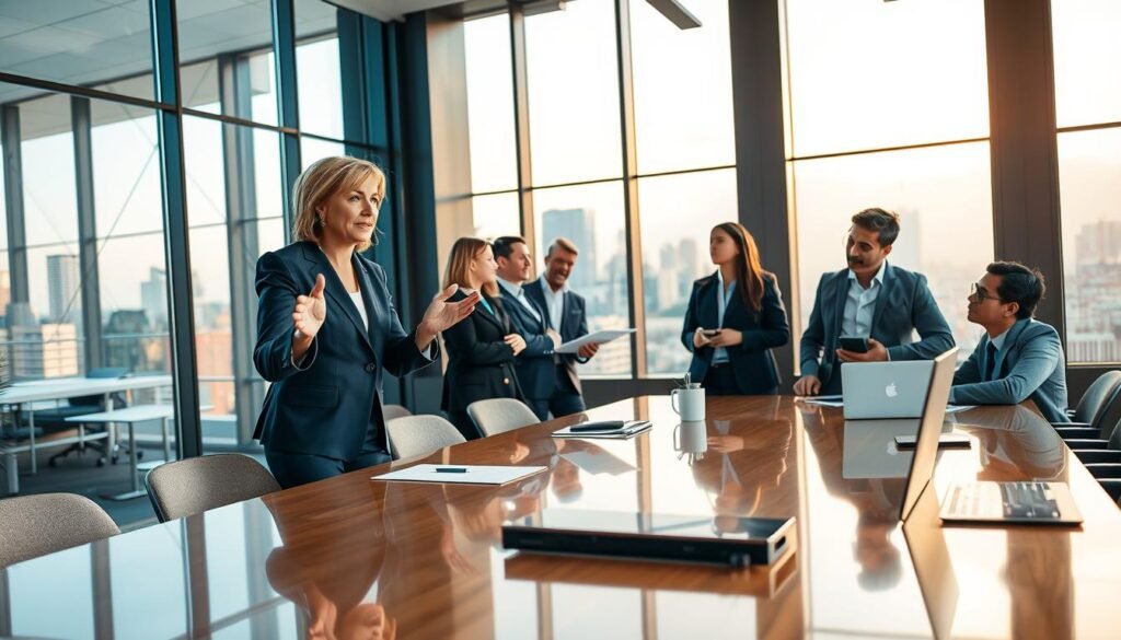 A professional headhunting firm’s modern office interior, featuring a diverse group of business executives engaged in a strategic discussion around a polished conference table. In the foreground, a middle-aged woman in a tailored navy suit is passionately presenting a project on a digital screen, while a young man in a gray blazer takes notes. In the background, large windows reveal a skyline view of Bogota, illuminated by warm, natural light indicating late afternoon. The atmosphere is vibrant and focused, reflecting professionalism and collaboration. The room is equipped with stylish furniture and high-tech gadgets, embodying a contemporary business environment. Ensure no text, logos, or personal identities are visible.
