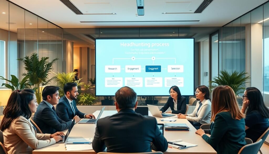 A professional headhunting process scene, emphasizing expertise and collaboration. In the foreground, a diverse group of businesspeople in professional attire (suits and blouses) are engaged in a discussion around a conference table, with laptops and documents spread out in front of them. In the middle ground, a large digital screen displays a visual flowchart of the headhunting process, suggesting stages like "Research," "Engagement," and "Selection." The background features a modern office setting with glass walls, plants, and soft ambient lighting, creating a warm and professional atmosphere. The image captures a sense of focus and teamwork, showcasing the strategic approach in headhunting for family businesses in Colombia. The angle is slightly elevated, providing a comprehensive view of the group and the displayed process.