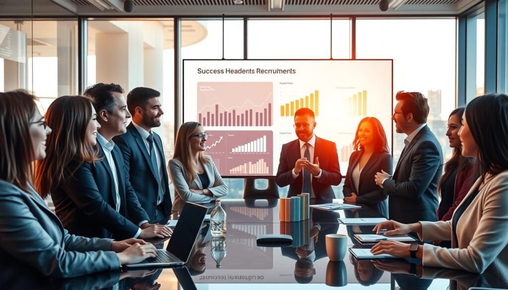 A professional headhunting scenario illustrating success stories in recruitment. In the foreground, a diverse group of business professionals in smart business attire, engaged in a dynamic discussion around a modern conference table, with expressions of enthusiasm and collaboration. In the middle ground, a large screen displays success metrics and graphs related to headhunting achievements, glowing with soft, warm light. The background features a stylish office environment with large windows allowing natural daylight to pour in, creating a bright and optimistic atmosphere. Use a wide-angle lens to capture the scale of teamwork and connections among individuals. The overall mood should be uplifting and inspiring, showcasing the power of effective recruiting.