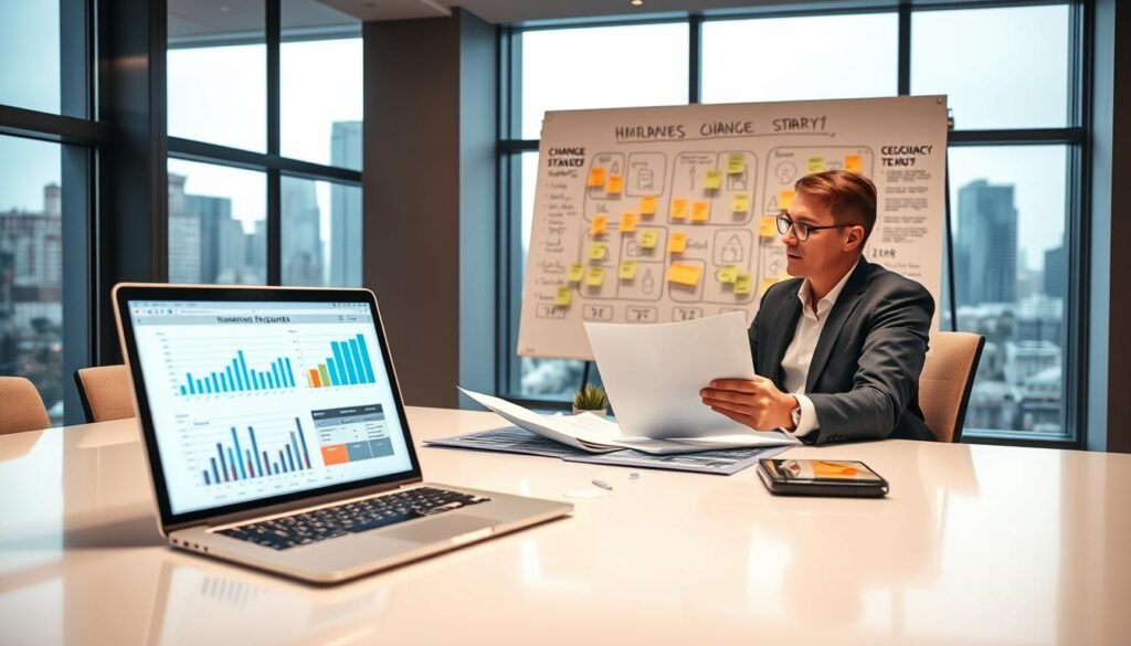 A professional human resources advisor sits at a sleek, modern desk in a well-lit office, examining legal documents related to change management in HR. In the foreground, a laptop displays charts and graphs illustrating data trends. The middle ground features a large whiteboard filled with post-it notes and diagrams representing change strategies. In the background, large windows let in natural light, highlighting a city skyline outside. The scene conveys a mood of professionalism and collaboration, with warm lighting that creates an inviting atmosphere. The advisor is dressed in business attire, focused and engaged in their work, embodying the themes of legal aspects and change management in human resources. A professional human resources advisor sits at a sleek, modern desk in a well-lit office, examining legal documents related to change management in HR. In the foreground, a laptop displays charts and graphs illustrating data trends. The middle ground features a large whiteboard filled with post-it notes and diagrams representing change strategies. In the background, large windows let in natural light, highlighting a city skyline outside. The scene conveys a mood of professionalism and collaboration, with warm lighting that creates an inviting atmosphere. The advisor is dressed in business attire, focused and engaged in their work, embodying the themes of legal aspects and change management in human resources.