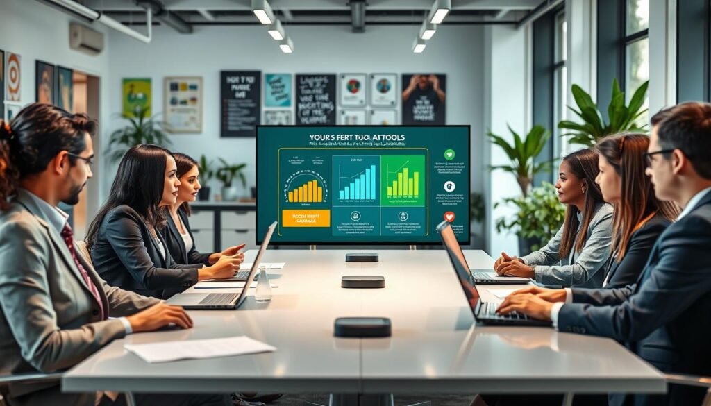 A professional image showcasing effective tools and channels for attracting high-level candidates. In the foreground, a diverse group of business professionals in smart, business attire are engaged in a discussion around a sleek conference table with laptops and documents spread out, illustrating collaboration. In the middle, a large digital screen displays a visually appealing infographic with graphs and icons representing various recruitment tools like social media, networking events, and online platforms. In the background, a modern office environment filled with motivational posters, plants, and large windows letting in natural light, conveying an atmosphere of innovation and professionalism. The image should have bright, inviting lighting with a slightly blurred focus on the background, emphasizing the group and the informative elements in the center.