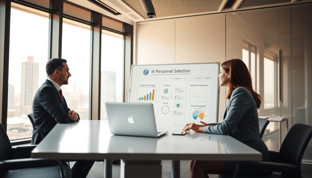A professional meeting scene set in a modern office environment, featuring two business professionals engaged in a discussion about personnel selection. The foreground shows a diverse man and woman dressed in formal business attire, sitting at a sleek conference table, with a laptop open in front of them. The middle ground includes an interactive whiteboard displaying graphs and notes about recruitment strategies. The background reveals large windows showcasing a vibrant city skyline, letting in warm natural light that creates a productive atmosphere. Use a soft-focus lens effect for a more intimate feel, emphasizing the importance of collaboration and learning in recruitment practices. The overall mood is one of inspiration and empowerment, reflecting the theme of personal growth and successful talent acquisition strategies. A professional meeting scene set in a modern office environment, featuring two business professionals engaged in a discussion about personnel selection. The foreground shows a diverse man and woman dressed in formal business attire, sitting at a sleek conference table, with a laptop open in front of them. The middle ground includes an interactive whiteboard displaying graphs and notes about recruitment strategies. The background reveals large windows showcasing a vibrant city skyline, letting in warm natural light that creates a productive atmosphere. Use a soft-focus lens effect for a more intimate feel, emphasizing the importance of collaboration and learning in recruitment practices. The overall mood is one of inspiration and empowerment, reflecting the theme of personal growth and successful talent acquisition strategies.