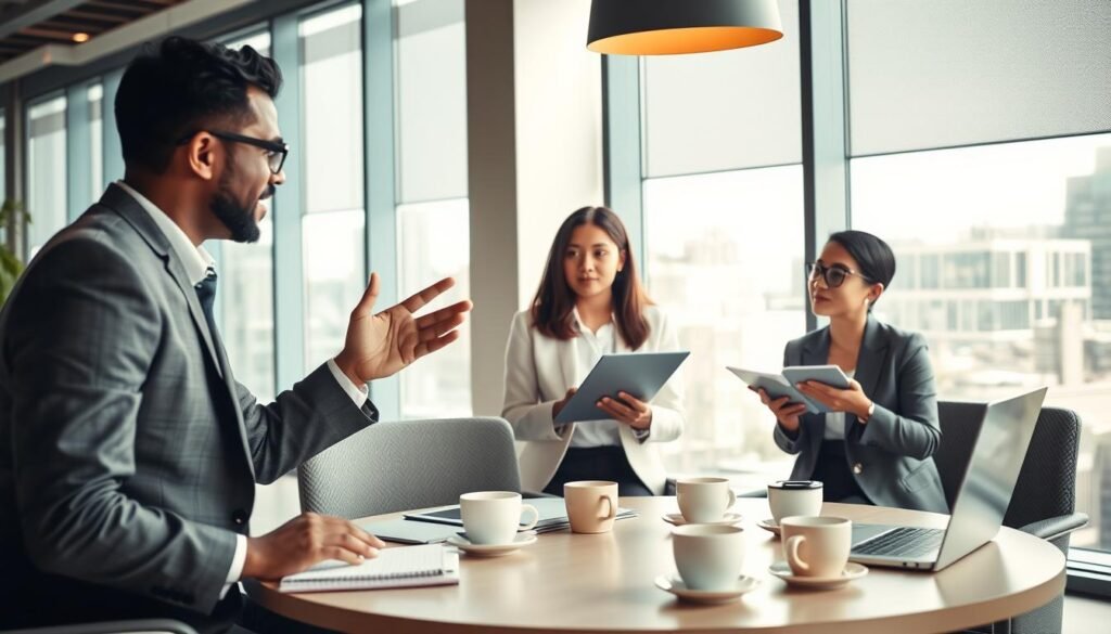 A professional mentoring session in a modern office environment, featuring a diverse group of three individuals engaged in deep discussion. In the foreground, a confident executive mentor, dressed in business attire, is gesturing while explaining concepts to their mentee, a young professional eagerly taking notes. The middle ground shows a round table filled with notepads, laptops, and coffee cups, symbolizing collaboration and knowledge sharing. In the background, large windows reveal a cityscape, allowing natural light to flood the space, creating a warm and inspiring atmosphere. The overall mood is one of empowerment and growth, with soft lighting and a focus on the mentor-mentee relationship, emphasizing the benefits of executive mentoring for organizational development.
